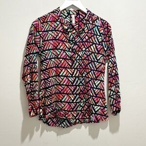RECAP Women’s Multicolor Geometric Print Long Roll Tab Sleeve Popover Top Size L